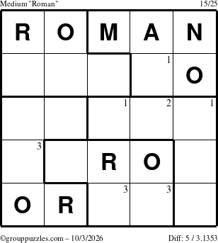 The grouppuzzles.com Medium Roman puzzle for Saturday October 3, 2026 with the first 3 steps marked