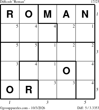 The grouppuzzles.com Difficult Roman puzzle for Saturday October 3, 2026 with all 5 steps marked