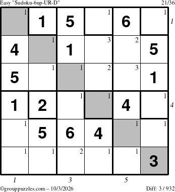The grouppuzzles.com Easy Sudoku-6up-UR-D puzzle for Saturday October 3, 2026 with all 3 steps marked