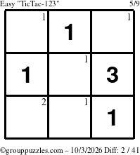 The grouppuzzles.com Easy TicTac-123 puzzle for Saturday October 3, 2026 with the first 2 steps marked