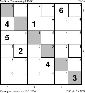The grouppuzzles.com Medium Sudoku-6up-UR-D puzzle for Saturday October 3, 2026, suitable for printing, with all 6 steps marked