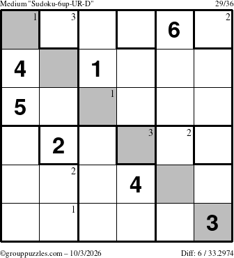 The grouppuzzles.com Medium Sudoku-6up-UR-D puzzle for Saturday October 3, 2026 with the first 3 steps marked