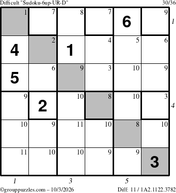 The grouppuzzles.com Difficult Sudoku-6up-UR-D puzzle for Saturday October 3, 2026, suitable for printing, with all 11 steps marked