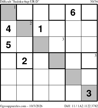 The grouppuzzles.com Difficult Sudoku-6up-UR-D puzzle for Saturday October 3, 2026 with the first 3 steps marked