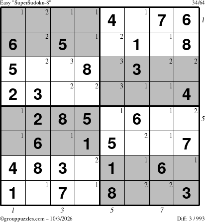 The grouppuzzles.com Easy SuperSudoku-8 puzzle for Saturday October 3, 2026, suitable for printing, with all 3 steps marked