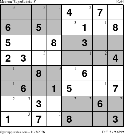 The grouppuzzles.com Medium SuperSudoku-8 puzzle for Saturday October 3, 2026 with the first 3 steps marked