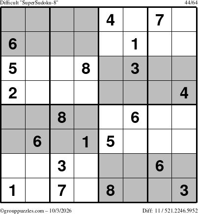 The grouppuzzles.com Difficult SuperSudoku-8 puzzle for Saturday October 3, 2026