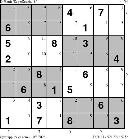 The grouppuzzles.com Difficult SuperSudoku-8 puzzle for Saturday October 3, 2026 with all 11 steps marked