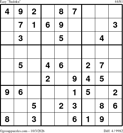 The grouppuzzles.com Easy Sudoku puzzle for Saturday October 3, 2026