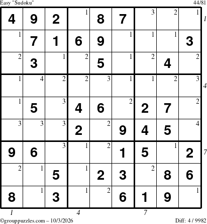 The grouppuzzles.com Easy Sudoku puzzle for Saturday October 3, 2026 with all 4 steps marked