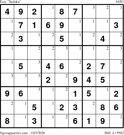 The grouppuzzles.com Easy Sudoku puzzle for Saturday October 3, 2026 with the first 3 steps marked