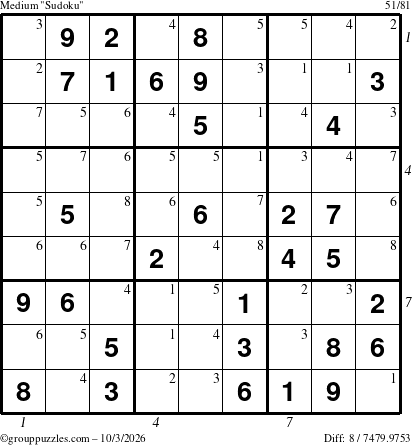 The grouppuzzles.com Medium Sudoku puzzle for Saturday October 3, 2026, suitable for printing, with all 8 steps marked