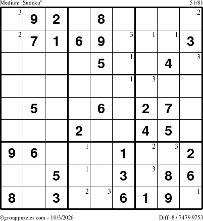 The grouppuzzles.com Medium Sudoku puzzle for Saturday October 3, 2026 with the first 3 steps marked