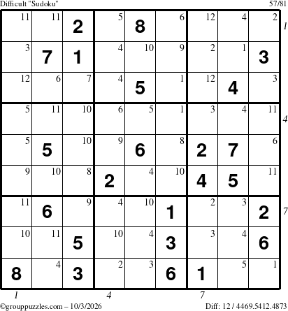 The grouppuzzles.com Difficult Sudoku puzzle for Saturday October 3, 2026, suitable for printing, with all 12 steps marked