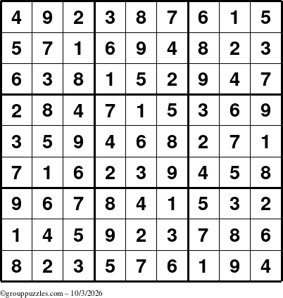 The grouppuzzles.com Answer grid for the Sudoku puzzle for Saturday October 3, 2026