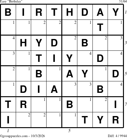 The grouppuzzles.com Easy Birthday puzzle for Saturday October 3, 2026 with all 4 steps marked