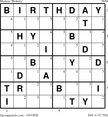 The grouppuzzles.com Medium Birthday puzzle for Saturday October 3, 2026, suitable for printing, with all 6 steps marked