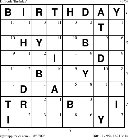 The grouppuzzles.com Difficult Birthday puzzle for Saturday October 3, 2026, suitable for printing, with all 11 steps marked
