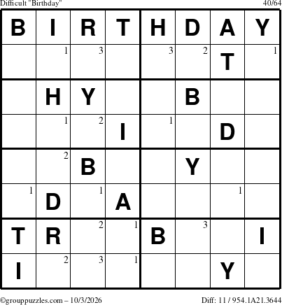 The grouppuzzles.com Difficult Birthday puzzle for Saturday October 3, 2026 with the first 3 steps marked