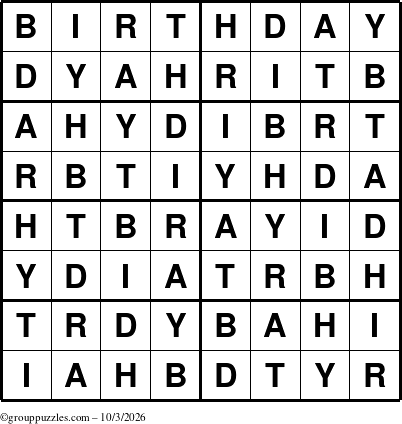 The grouppuzzles.com Answer grid for the Birthday puzzle for Saturday October 3, 2026