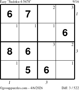 The grouppuzzles.com Easy Sudoku-4-5678 puzzle for Monday April 6, 2026, suitable for printing, with all 3 steps marked