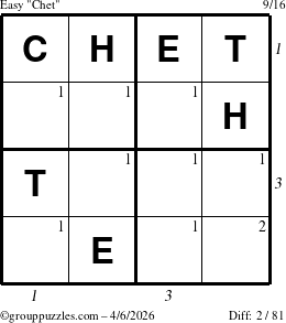 The grouppuzzles.com Easy Chet puzzle for Monday April 6, 2026, suitable for printing, with all 2 steps marked