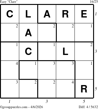 The grouppuzzles.com Easy Clare puzzle for Monday April 6, 2026, suitable for printing, with all 4 steps marked