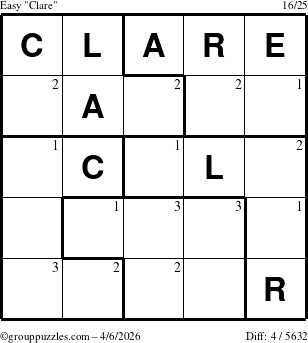 The grouppuzzles.com Easy Clare puzzle for Monday April 6, 2026 with the first 3 steps marked