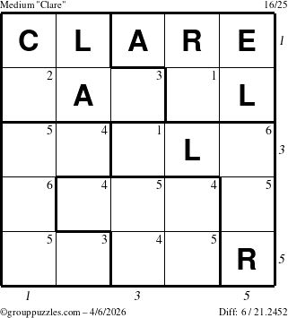 The grouppuzzles.com Medium Clare puzzle for Monday April 6, 2026, suitable for printing, with all 6 steps marked