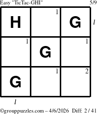 The grouppuzzles.com Easy TicTac-GHI puzzle for Monday April 6, 2026, suitable for printing, with all 2 steps marked