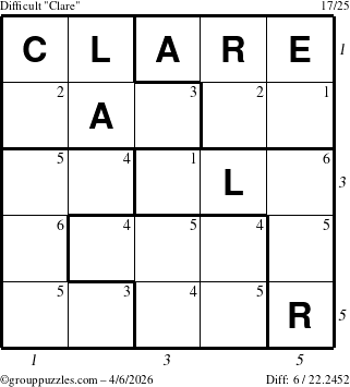 The grouppuzzles.com Difficult Clare puzzle for Monday April 6, 2026, suitable for printing, with all 6 steps marked