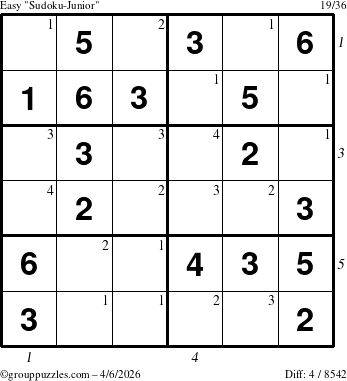 The grouppuzzles.com Easy Sudoku-Junior puzzle for Monday April 6, 2026, suitable for printing, with all 4 steps marked