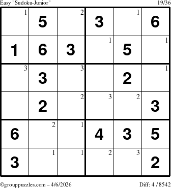 The grouppuzzles.com Easy Sudoku-Junior puzzle for Monday April 6, 2026 with the first 3 steps marked