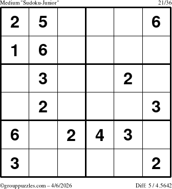 The grouppuzzles.com Medium Sudoku-Junior puzzle for Monday April 6, 2026