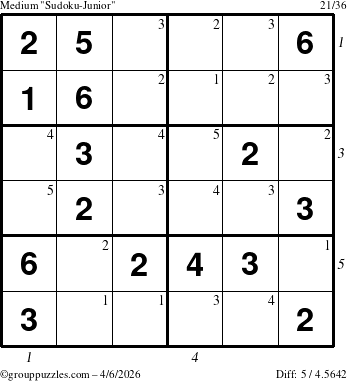 The grouppuzzles.com Medium Sudoku-Junior puzzle for Monday April 6, 2026 with all 5 steps marked