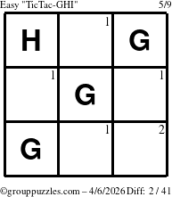 The grouppuzzles.com Easy TicTac-GHI puzzle for Monday April 6, 2026 with the first 2 steps marked