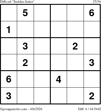 The grouppuzzles.com Difficult Sudoku-Junior puzzle for Monday April 6, 2026