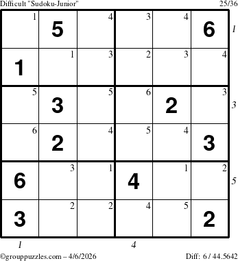 The grouppuzzles.com Difficult Sudoku-Junior puzzle for Monday April 6, 2026 with all 6 steps marked