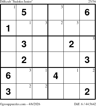 The grouppuzzles.com Difficult Sudoku-Junior puzzle for Monday April 6, 2026 with the first 3 steps marked