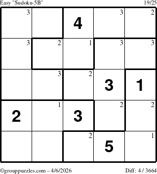 The grouppuzzles.com Easy Sudoku-5B puzzle for Monday April 6, 2026 with the first 3 steps marked