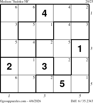The grouppuzzles.com Medium Sudoku-5B puzzle for Monday April 6, 2026, suitable for printing, with all 6 steps marked