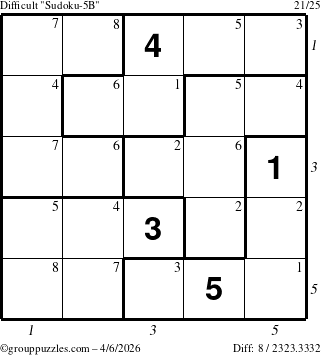 The grouppuzzles.com Difficult Sudoku-5B puzzle for Monday April 6, 2026 with all 8 steps marked