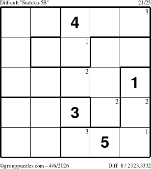 The grouppuzzles.com Difficult Sudoku-5B puzzle for Monday April 6, 2026 with the first 3 steps marked