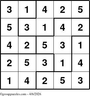 The grouppuzzles.com Answer grid for the Sudoku-5B puzzle for Monday April 6, 2026