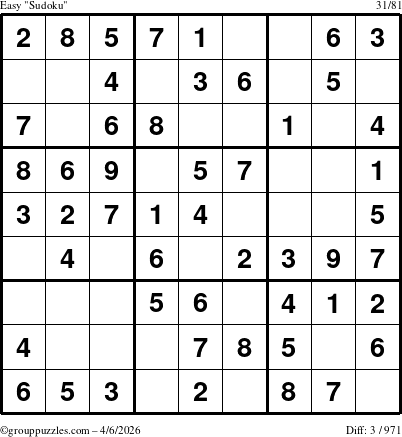 The grouppuzzles.com Easy Sudoku puzzle for Monday April 6, 2026