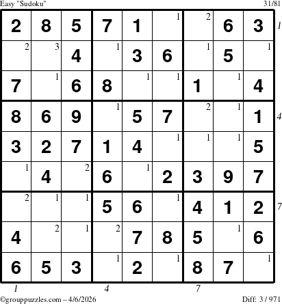 The grouppuzzles.com Easy Sudoku puzzle for Monday April 6, 2026 with all 3 steps marked