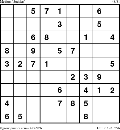 The grouppuzzles.com Medium Sudoku puzzle for Monday April 6, 2026
