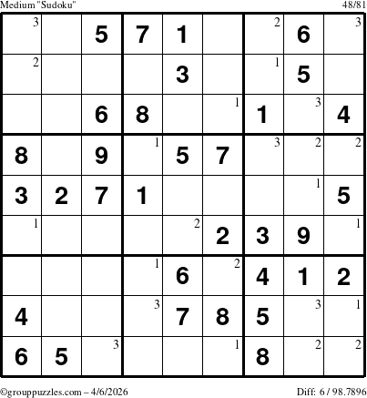 The grouppuzzles.com Medium Sudoku puzzle for Monday April 6, 2026 with the first 3 steps marked