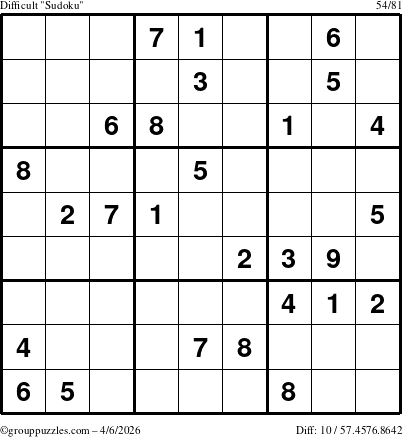 The grouppuzzles.com Difficult Sudoku puzzle for Monday April 6, 2026