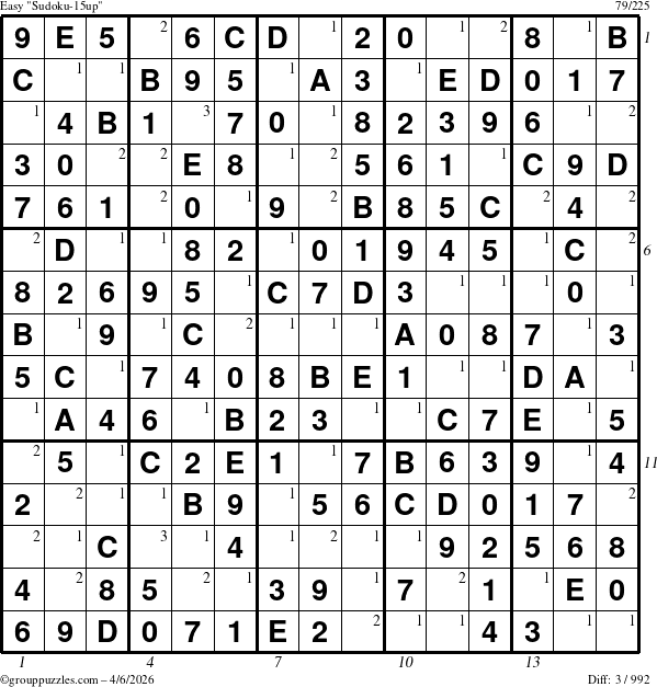 The grouppuzzles.com Easy Sudoku-15up puzzle for Monday April 6, 2026 with all 3 steps marked